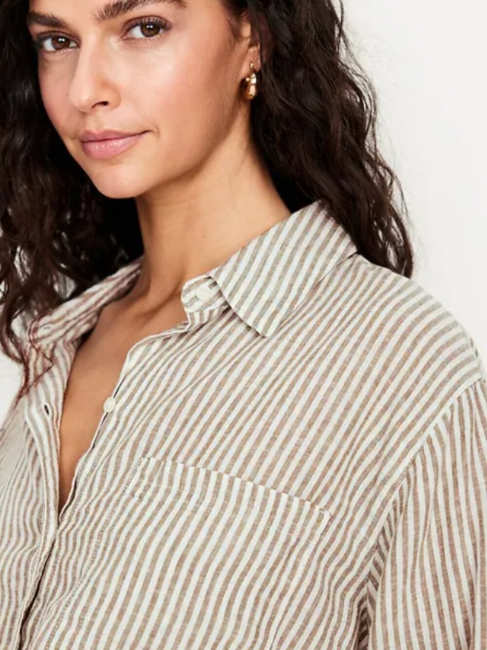 Abercrombie & Fitch Oversized Striped Button Down Shirt Beige XS